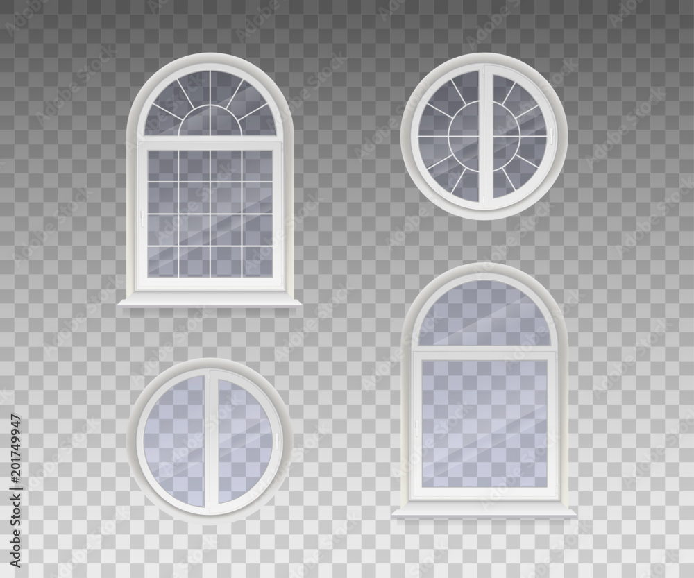 Set of closed round and arched windows with transparent glass in a white frame. Isolated on a transparent background. Vector