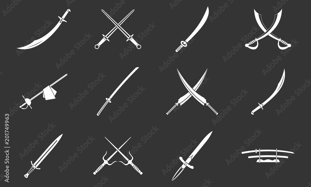Sword icon set vector white isolated on grey background Sword icon set vector white isolated on grey background