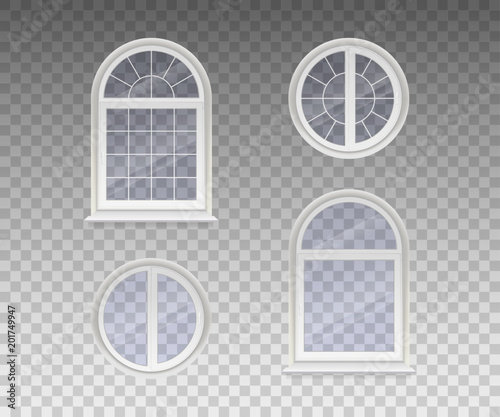 Set of closed round and arched windows with transparent glass in a white frame. Isolated on a transparent background. Vector