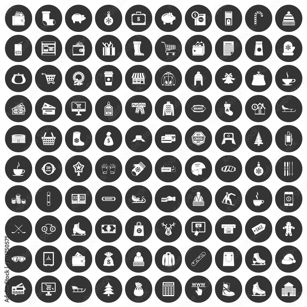 100 winter shopping icons set in simple style white on black circle color isolated on white background vector illustration 100 winter shopping icons set in simple style white on black circle color isolated on white background vector illustration
