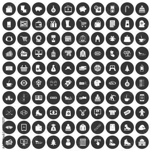 100 winter shopping icons set in simple style white on black circle color isolated on white background vector illustration