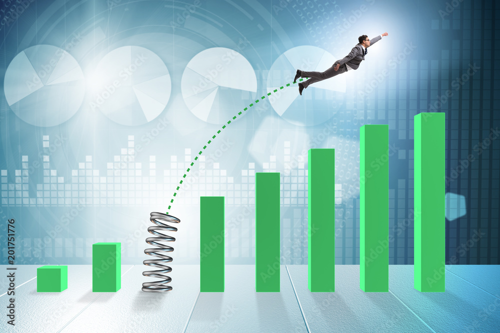 Business people jumping over bar charts Business people jumping over bar charts