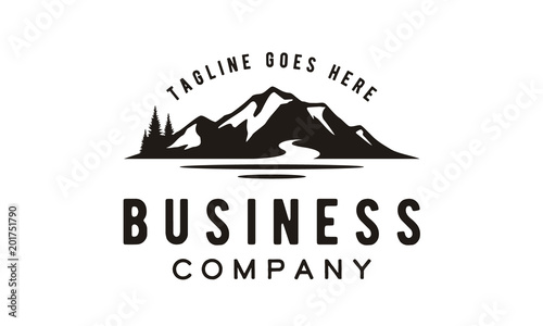 Sea Lake River Evergreen Forest Mountain Landscape Silhouette for outdoor adventure logo design 