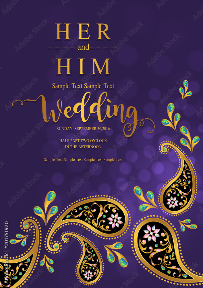 Indian wedding Invitation card templates with gold patterned and ...