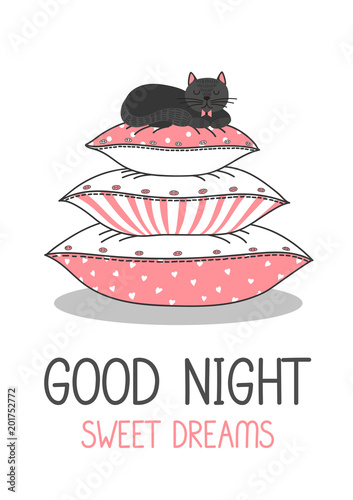 Good night. Sweet dreams. Black cat sleeping on stack of pillows. Cute vector illustration.