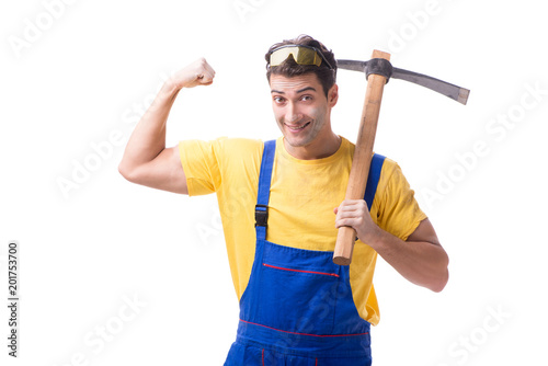 Young man contractor with axe isolated on white