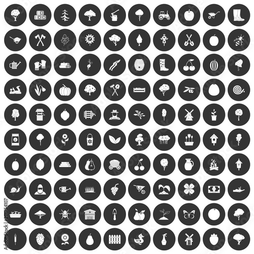 100 agriculture icons set in simple style white on black circle color isolated on white background vector illustration