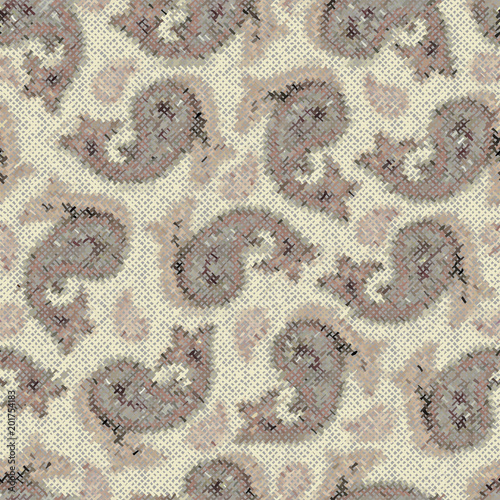 Seamless background pattern. Imitation of a texture of rough canvas painted with paisley.