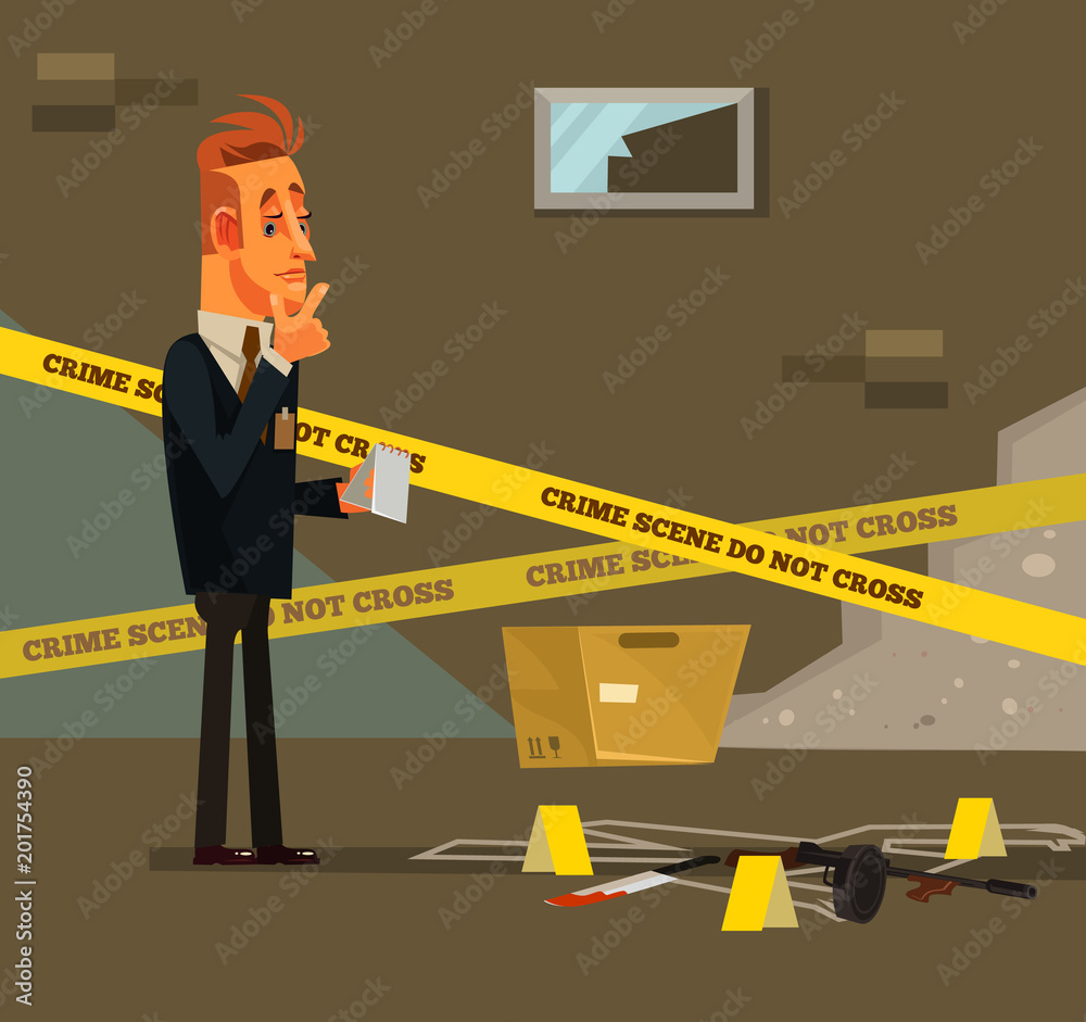 Thinking young modern detective character at crime scene near dead body  white line. Criminal investigate police inspector concept. Vector flat  cartoon illustration Stock Vector | Adobe Stock