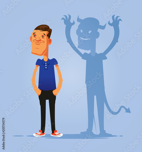 Smiling pretending good person double face man character with devil shadow. Hypocrisy concept. Vector flat cartoon isolated illustration