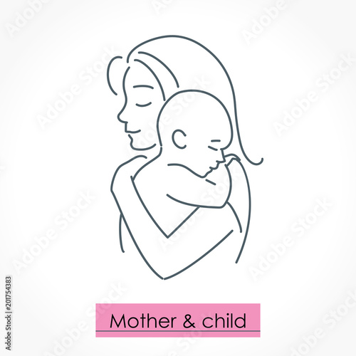 Mother with child. Line art icon, logo, sign. Isolated vector illustration.