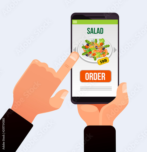 Costumer hand push button on smartphone touchscreen and making order delivery food. Deliver website application technology. Vector flat cartoon isolated illustration