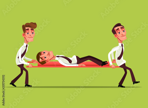Tired sad businessman office worker character lies on stretcher and colleague carry him. Teamwork help overworked hard work concept. Vector flat cartoon graphic design isolated illustration