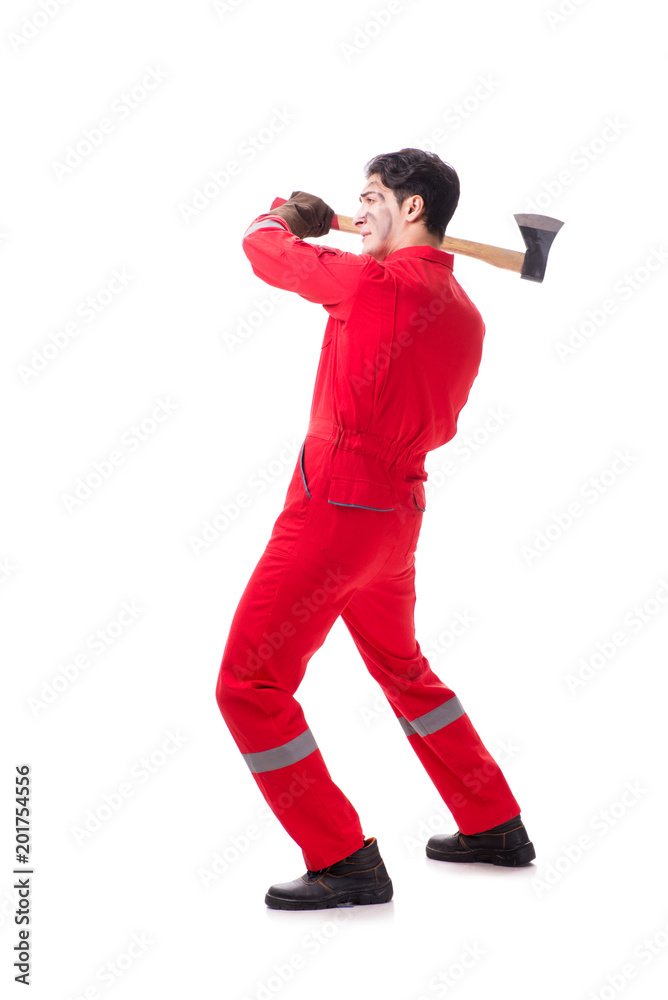 Contractor employee with axe on white background Contractor employee with axe on white background