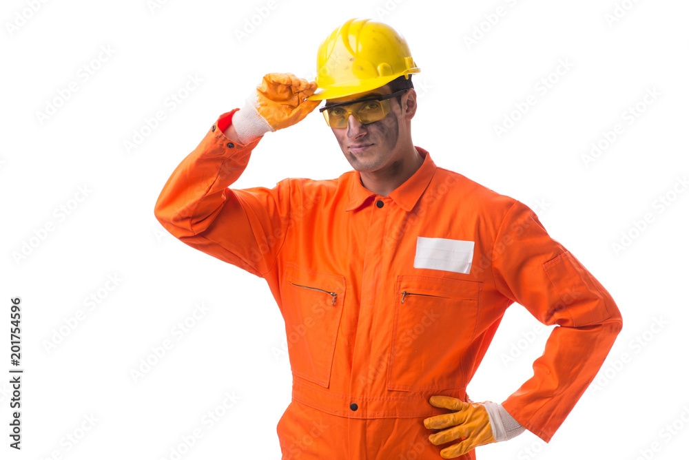 Contractor employee wearing coveralls isolated on white Contractor employee wearing coveralls isolated on white