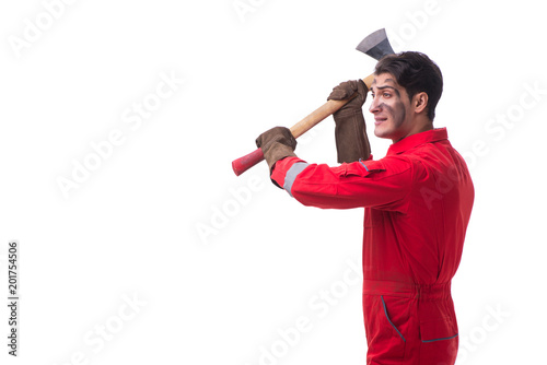Contractor employee with axe on white background