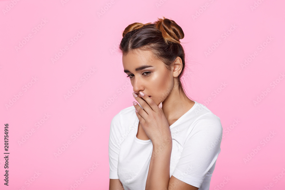 young woman on pink background Attractive beautiful woman showing air kiss young woman on pink background Attractive beautiful woman showing air kiss