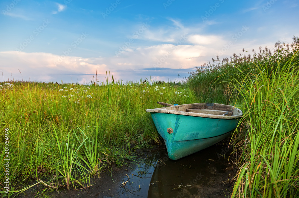Old green plastic fishing boat at the lake in green grass Old green plastic fishing boat at the lake in green grass