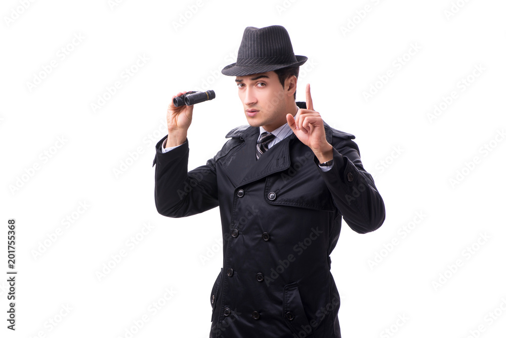 Spy with binoculars isolated on white background Spy with binoculars isolated on white background