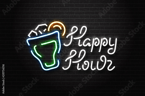 Vector realistic isolated neon sign of Happy Hour lettering logo with cocktail for decoration and covering on the wall background. Concept of night club, free drinks, bar counter and restaurant.