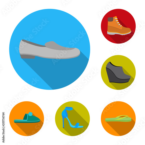 A variety of shoes flat icons in set collection for design. Boot, sneakers vector symbol stock web illustration.