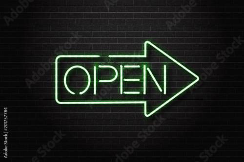 Vector realistic isolated neon sign of Open lettering arrow for decoration and covering on the wall background. Concept of restaurant and night club entry.