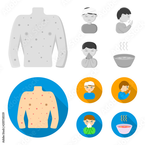 A man with a bandaged head, a man coughing, a man snorts a snot, a bowl, a bowl of hot broth into a handkerchief. Sick set collection icons in monochrome,flat style vector symbol stock illustration