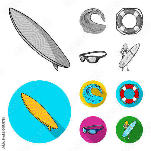 Oncoming wave, life ring, goggles, girl surfing. Surfing set collection icons in monochrome,flat style vector symbol stock illustration web.