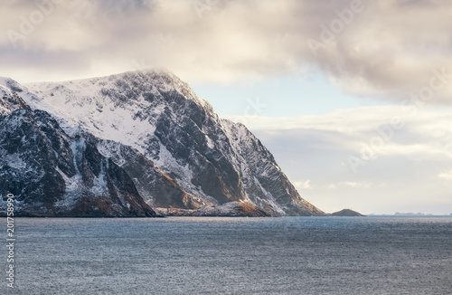 Mountain ridge near the ocean. Beutiful natural panorama in the Norway