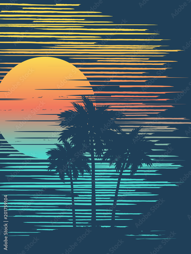 Fototapeta premium Zmierzch na tropikalnej plaży z drzewkiem palmowym. Słońce nad morzem wieczorem.