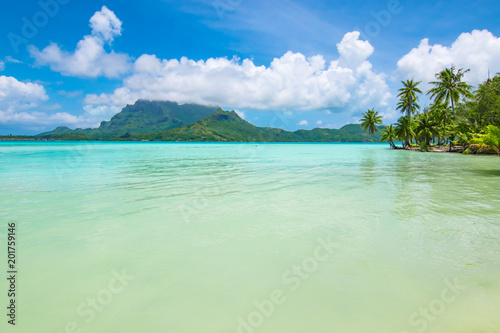 Exotic and romantic travel destination landscape. Beautiful calm turquoise blue sea, palm trees on the beach and mountain on the background. Bora Bora, French Polynesia. © Nancy Pauwels