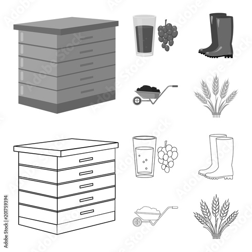 Hive, grapes, boots, wheelbarrow.Farm set collection icons in outline,monochrome style vector symbol stock illustration web.