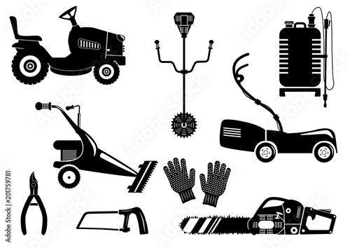 Set of silhouettes of garden equipment for grass mowing. Black and white vector icons illustration. Lawn mower and other agricultural and farm machinery