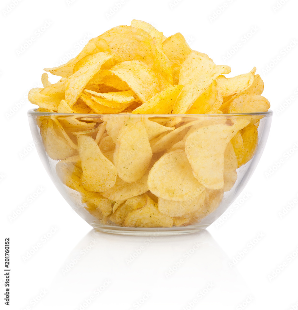 Potato chips in glass bowl isolated on white background Potato chips in glass bowl isolated on white background