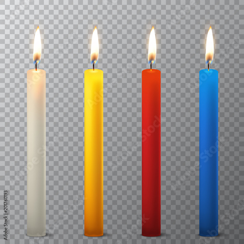Vector 3d realistic different paraffin or wax burning party candle icon set closeup isolated on transparency grid background. White, orange, red, blue. Design template, clipart for graphics