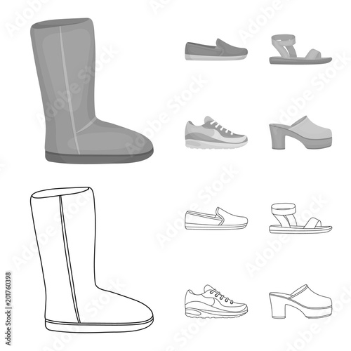 Beige ugg boots with fur, brown loafers with a white sole, sandals with a fastener, white and blue sneakers. Shoes set collection icons in outline,monochrome style vector symbol stock illustration web