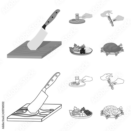 Cutlass on a cutting board, hammer for chops, cooking bacon, eating fish and vegetables. Eating and cooking set collection icons in outline,monochrome style vector symbol stock illustration web.