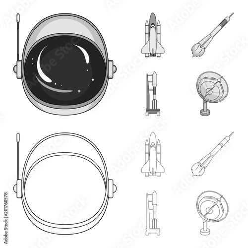 A spaceship in space, a cargo shuttle, A launch pad, an astronaut helmet. Space technology set collection icons in outline,monochrome style vector symbol stock illustration web.