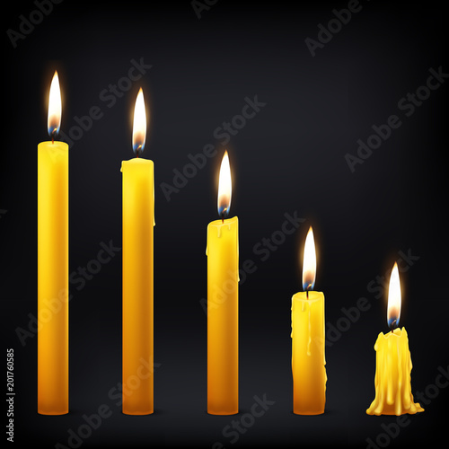 Vector 3d realistic different orange paraffin or wax burning party candle icon set closeup on black background. Whole, melted and candle stump. Design template, clipart for graphics