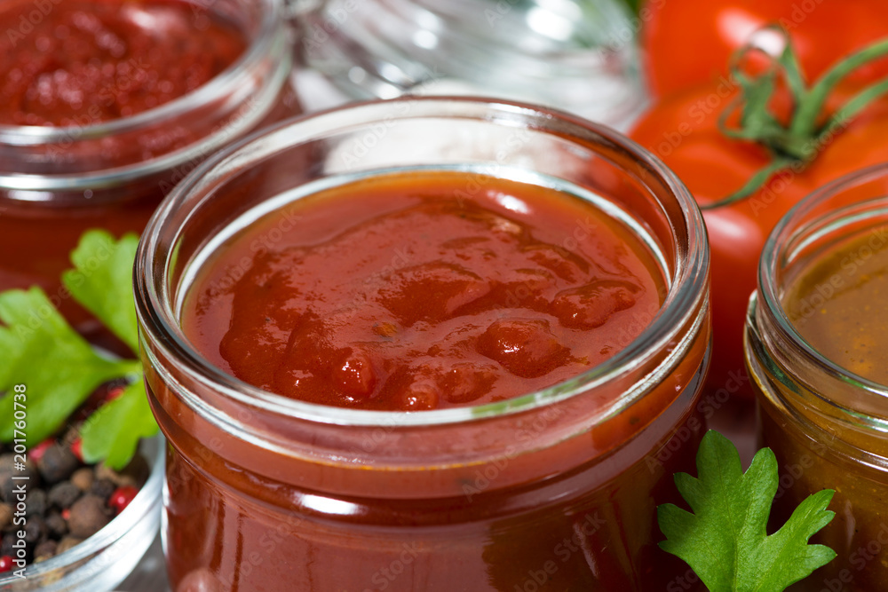 tomato sauces, pasta and ingredients, closeup tomato sauces, pasta and ingredients, closeup