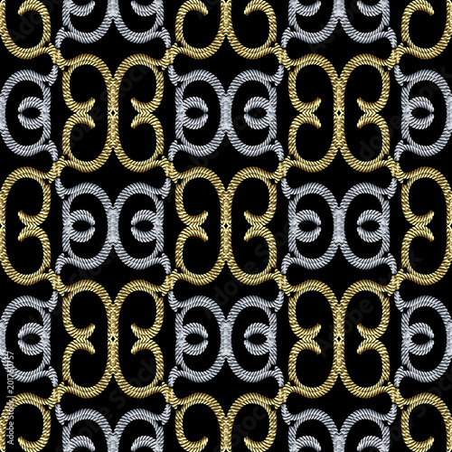 Vintage gold silver embroidery style 3d seamless pattern. Vector patterned tapestry background. Calligraphic line art tracery embroidred swirls ornaments. Ornate textured wallpaper. Surface design photo