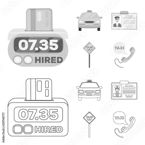 The counter of the fare in the taxi, the taxi car, the driver badge, the parking lot of the car. Taxi set collection icons in outline,monochrome style vector symbol stock illustration web.