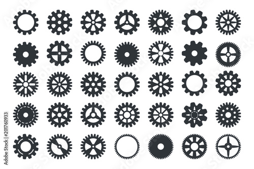 Gear icon set. Vector transmission cog wheels and gears isolated on white background photo