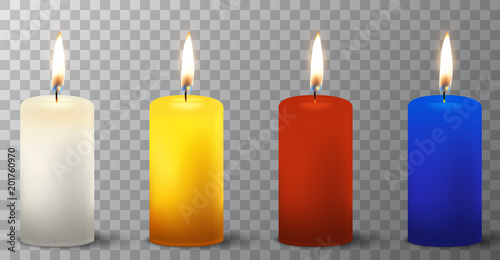 Vector 3d realistic different paraffin or wax burning party candle icon set closeup isolated on transparency grid background. White, orange, red, blue. Design template, clipart for graphics