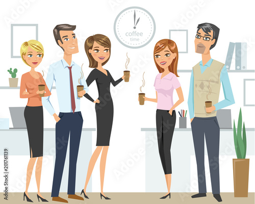 Group of people, colleagues, office workers, friends, drinking coffee  at the office. Teamwork concept.