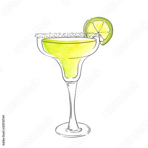 Hand drawn watercolor illustration of summer fresh cocktail Margarita. Isolated on the white background, in vector