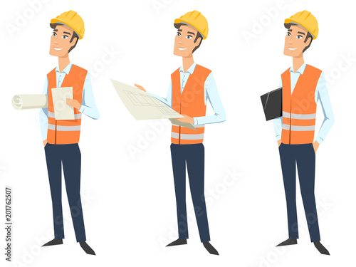 Set of three full length characters (architect, engineer or worker) wearing protective uniforms (protective vest and hardhats) and  looking at blueprint, holding documents and folder.