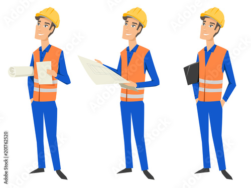 Set of three full length characters (architect, engineer or worker) wearing protective uniforms (protective vest and hardhats) and looking at blueprint, holding documents and folder.