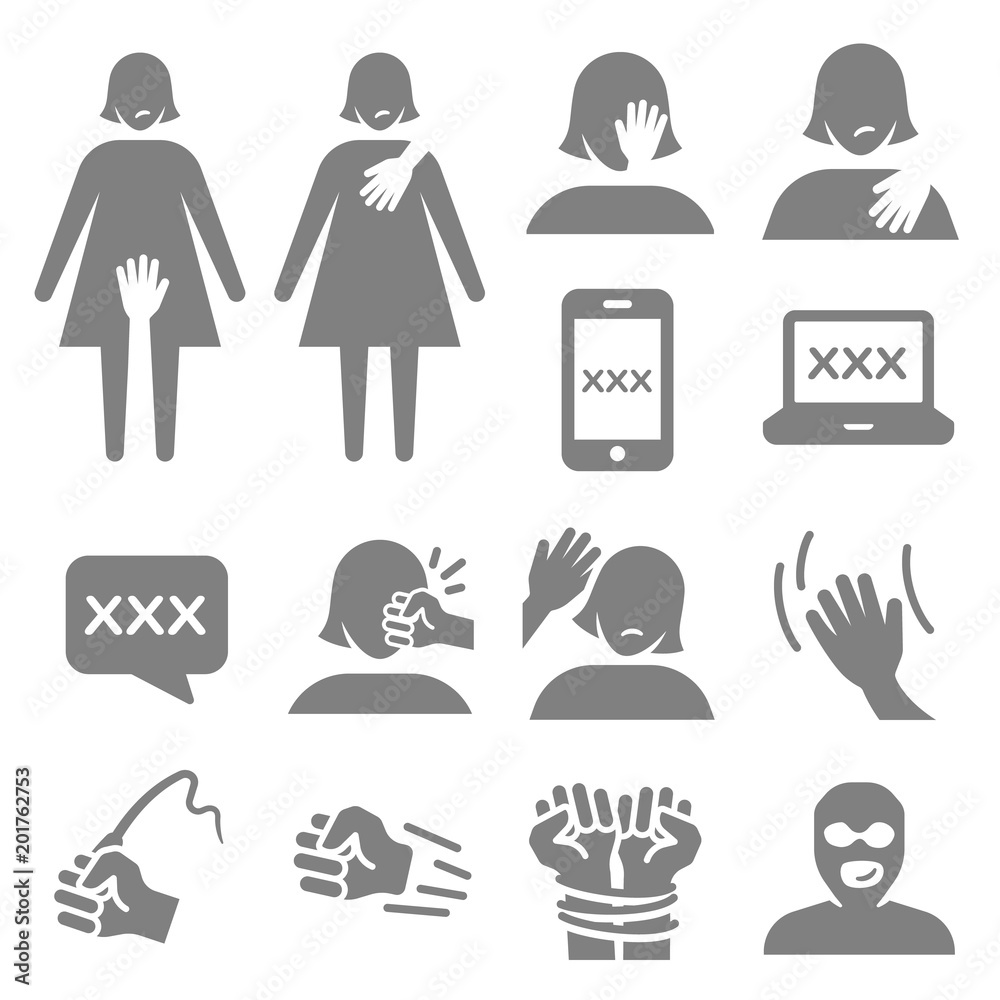 Harassment and abuse icon set. Included the icons as victim, sexual