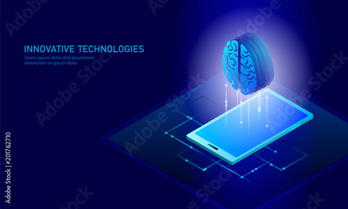 Isometric artificial intelligence business concept. Blue glowing isometric personal information data connection pc smartphone human brain future technology. 3D infographic vector illustration